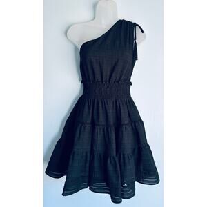 Taylor Black Dress Stripe One-Shoulder Smocked Tiered Mini Black Medium